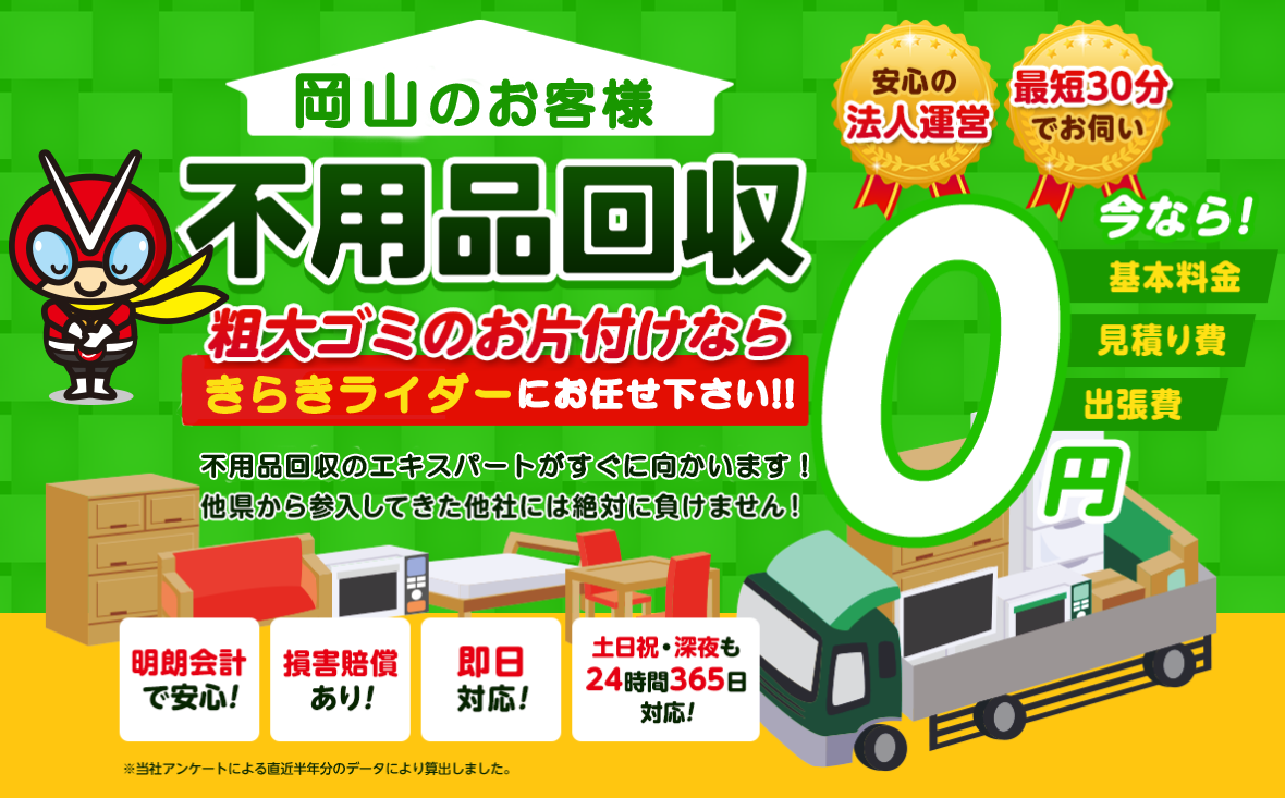 岡山のお客様は不用品回収きらきライダーにお任せ下さい！粗大ごみのお片付けもお任せ下さい。不用品回収のエキスパートたちが最短30分でお伺いいたします！他の県から参入してきた他社様には絶対に負けません！安心の法人運営で今なら基本料金・見積もり費・出張費が無料！！明朗会計で安心・損害賠償・即日対応・土日祝・深夜・24時間365日対応